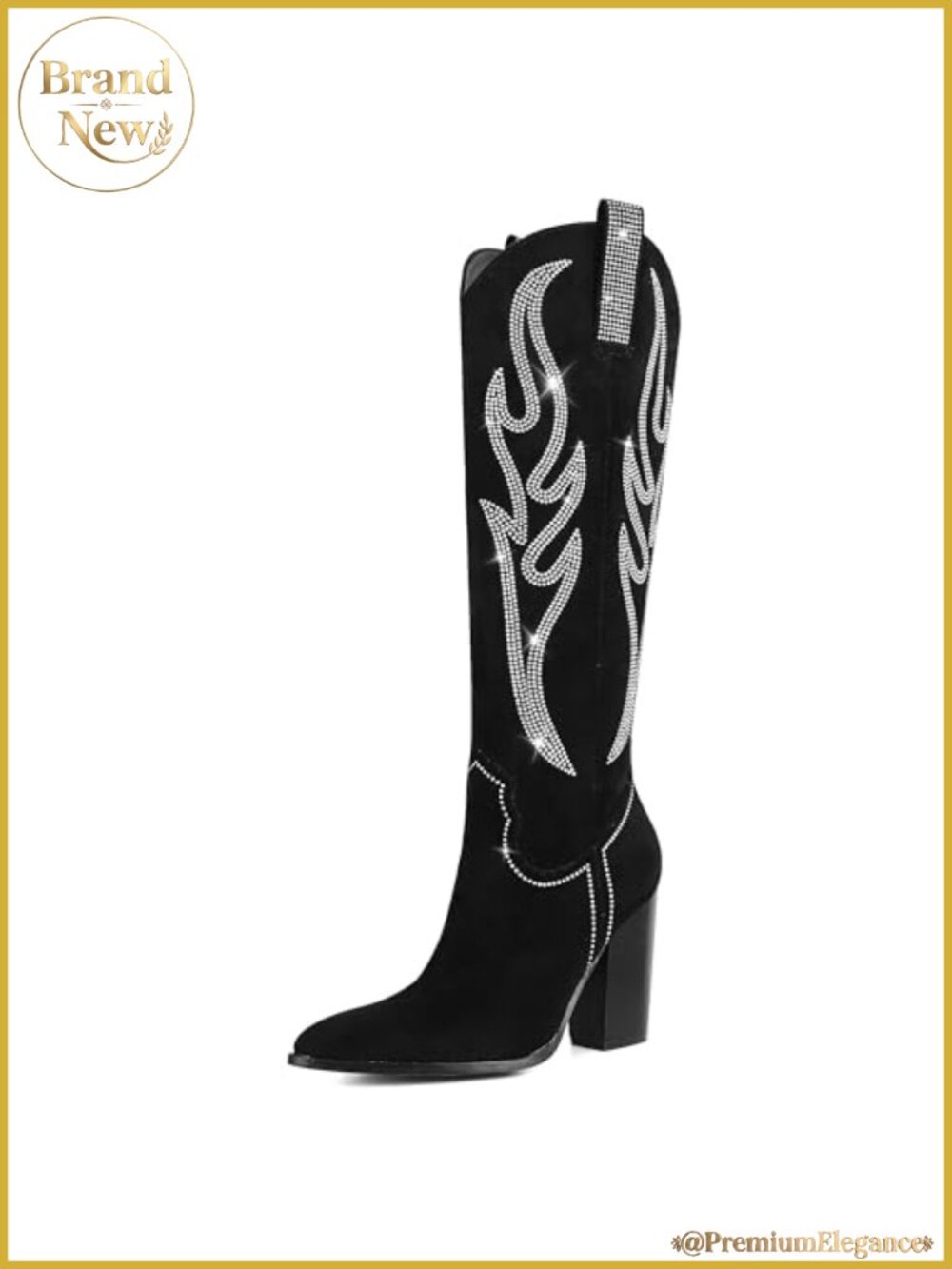 Rhinestone Embroidered Cowgirl Boots Block Heel Knee High Western